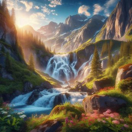 Digital painting of a waterfall in the mountains. Digital painting of a waterfall in the mountains.の素材