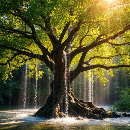 Beautiful summer landscape with big old tree on the river bank and sunbeamsの素材