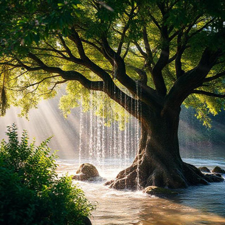 Waterfall in the forest. The sun is shining through the tree.の素材