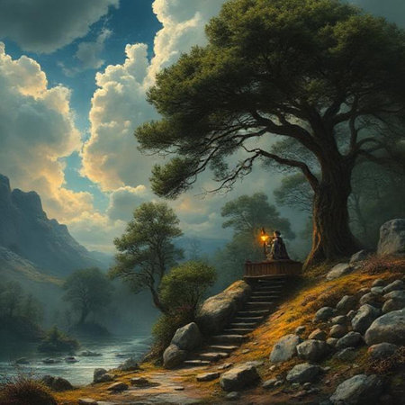 Fantasy landscape with a lake and a man sitting under a treeの素材