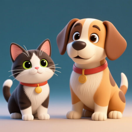 3D Illustration of a Cat and dog with a collar.の素材