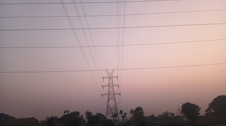 High-voltage power lines. High voltage electric transmission tower.の写真素材