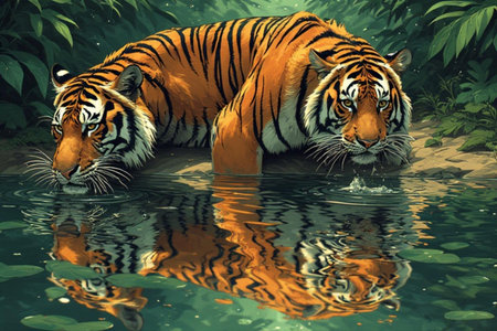 Tiger swimming in the pond with reflection. 3D illustration.の素材