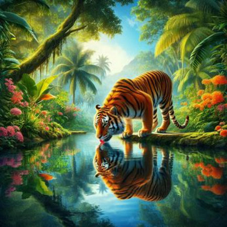 Tiger in the jungle with reflection in water. Digital painting.の素材