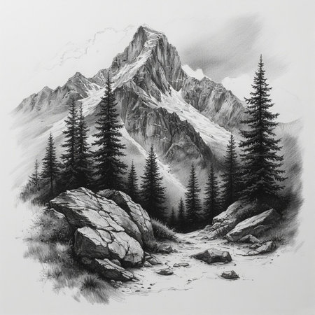 Mountain landscape. Hand drawn illustration of a mountain landscape with a river.の素材