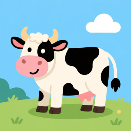 Cow on the meadow. Cute cartoon animal. Vector illustration.の素材