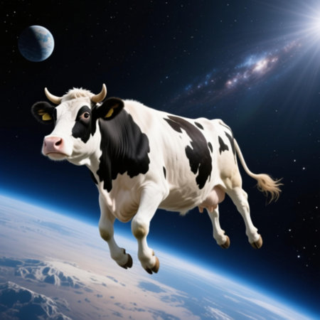 Cute cow flying in the space with a planet in the backgroundの素材
