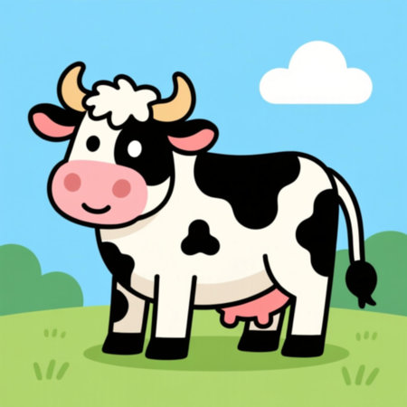 Cute cow in the meadow, cartoon illustration, vector formatの素材
