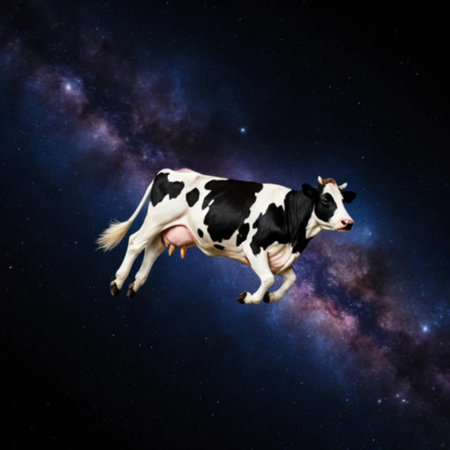 Funny cow in the night starry sky. Elements of this image furnished by NASAの素材