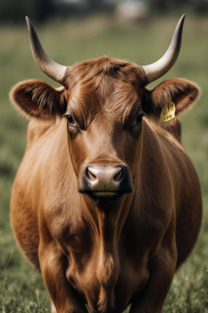 Portrait of a brown cow with horns on a green meadowの素材