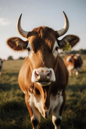 Portrait of a brown cow with horns on a green meadowの素材