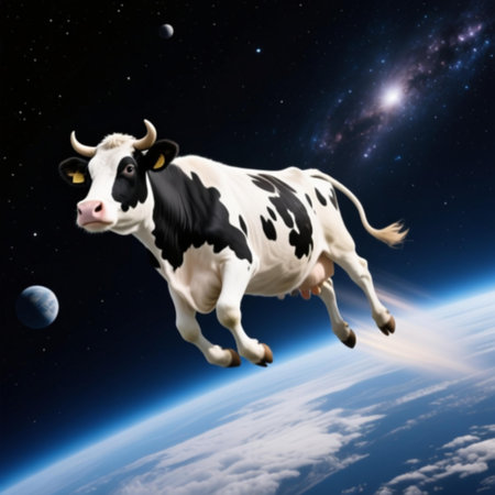 Funny cow flying in the sky with a planet in the backgroundの素材