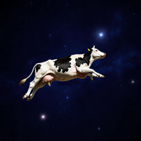 Funny cow in the night starry sky. Conceptual imageの素材