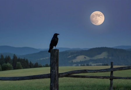 Crow sitting on a fence in front of a full moon.の素材