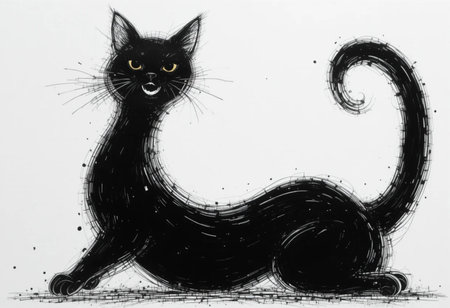 Drawing of a black cat on a white sheet of paper.の素材