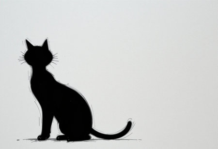 Silhouette of a black cat on a white background with shadowの素材