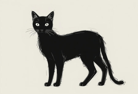 Illustration of a black cat on a white background with a shadowの素材