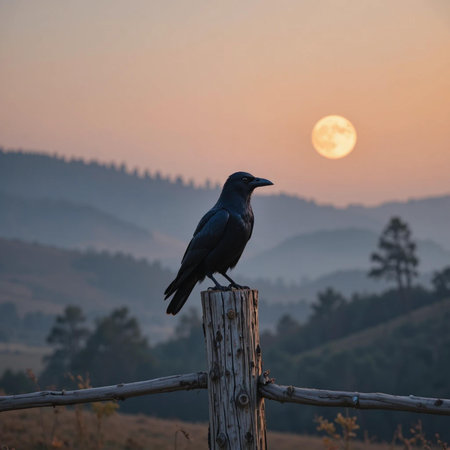 Raven sitting on a fence at sunset in the mountains with moon in the backgroundの素材