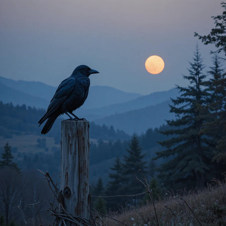 Crow sitting on a wooden post in the mountains at sunset.の素材