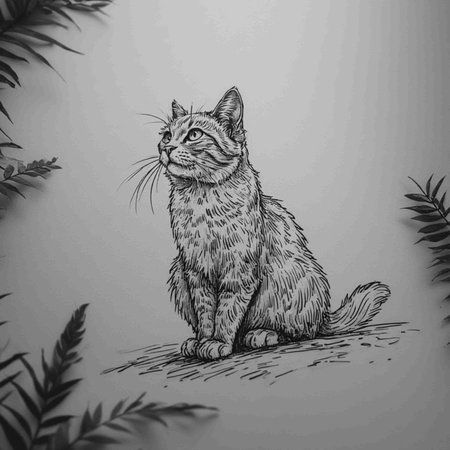 Sketch of a cat sitting on the floor in the garden.の素材