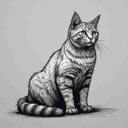 Maine Coon cat sitting and looking at the camera. Hand drawn vector illustration in sketch style.の素材
