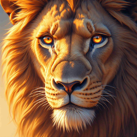 Portrait of a lion with orange eyes in the sunset light.の素材