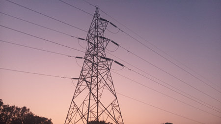 High voltage power lines and pylons at sunset. Electricity distribution station.
