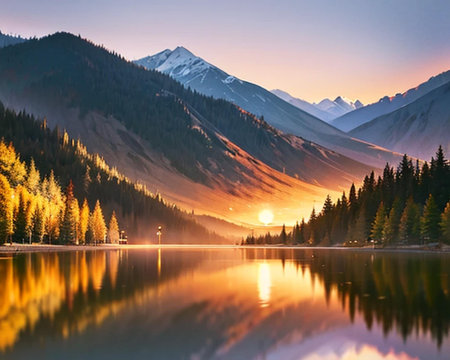 Mountain lake at sunrise, Canadian Rockies, Alberta, Canada.の素材