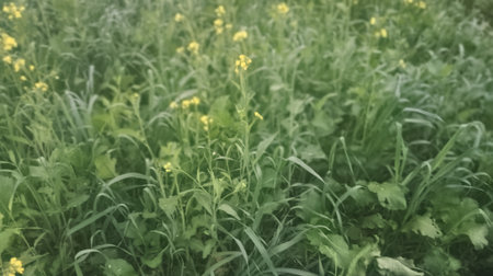 Blurred background of green grass and yellow wild flowers in the fieldの写真素材