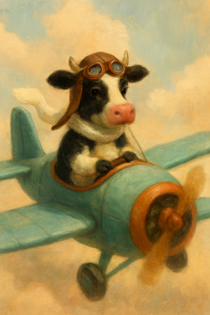 Cute little cow in a pilot's helmet on an old airplaneの素材
