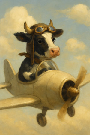A cow in aviator hat and goggles sits on a plane.の素材