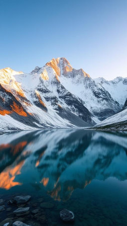 Mountain lake with reflection on the surface at sunset. Beautiful winter landscape.の素材