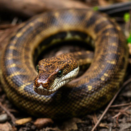 Close-up of the head of a snake in the forest.の素材
