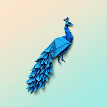 Paper origami peacock on a blue background. Vector illustration.の素材