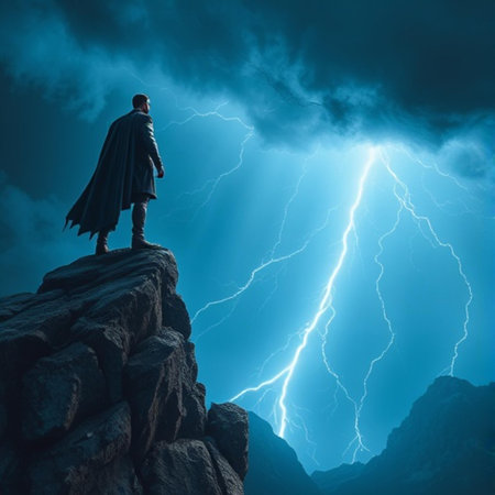Conceptual image of businessman standing on top of rock and looking at lightningの素材