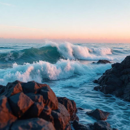 Beautiful sunset on the sea, waves breaking on the rocks.の素材