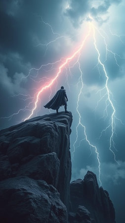 Superhero standing on top of the mountain. 3D rendering.の素材