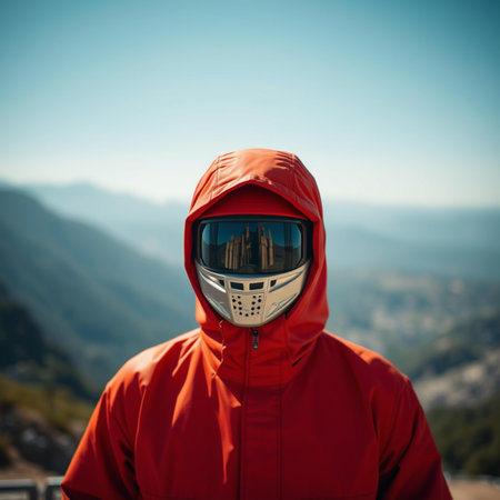 A man in a red jacket and helmet on the background of the mountainsの素材