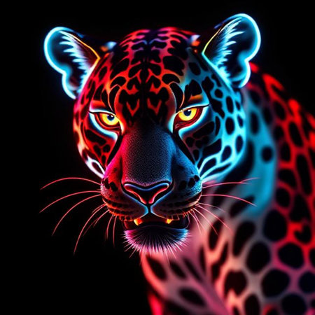 Leopard portrait in neon light on black background. 3d renderingの素材