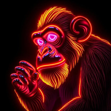 Monkey in red neon light isolated on black background. 3d illustrationの素材