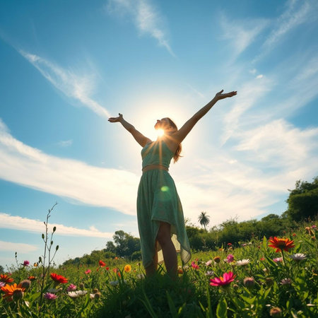 Happy young woman with arms outstretched enjoying nature in summer meadowの素材