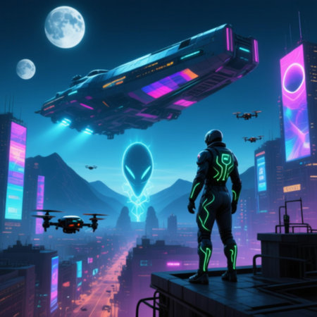 3d rendering of a robot in a futuristic city with a spaceshipの素材