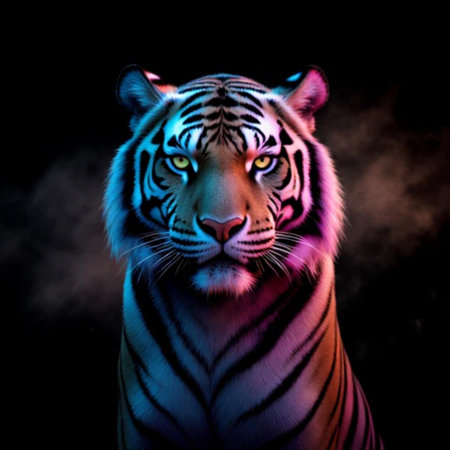 Portrait of a tiger on a black background in neon light.の素材
