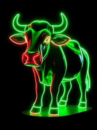An image of a red and green neon bull on a black background.の素材