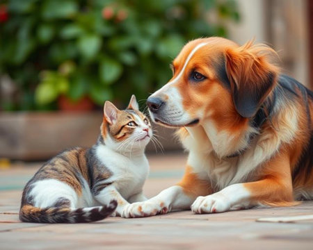 Cat and dog together in the garden. Pet and dog together.の素材