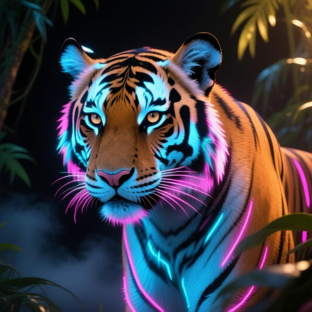 Portrait of a tiger in the jungle at night with neon lightsの素材