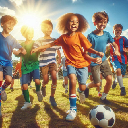 Kids Playing Soccer Sport Game Togetherness Concept. Children playing football on field.の素材