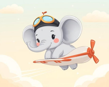 cartoon scene with cute elephant flying on airplane - illustration for childrenの素材