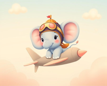 Cute cartoon elephant flying in the sky on a toy airplane.の素材