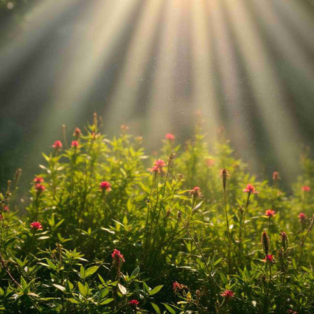 Morning fog in the meadow with red clover and sun raysの素材